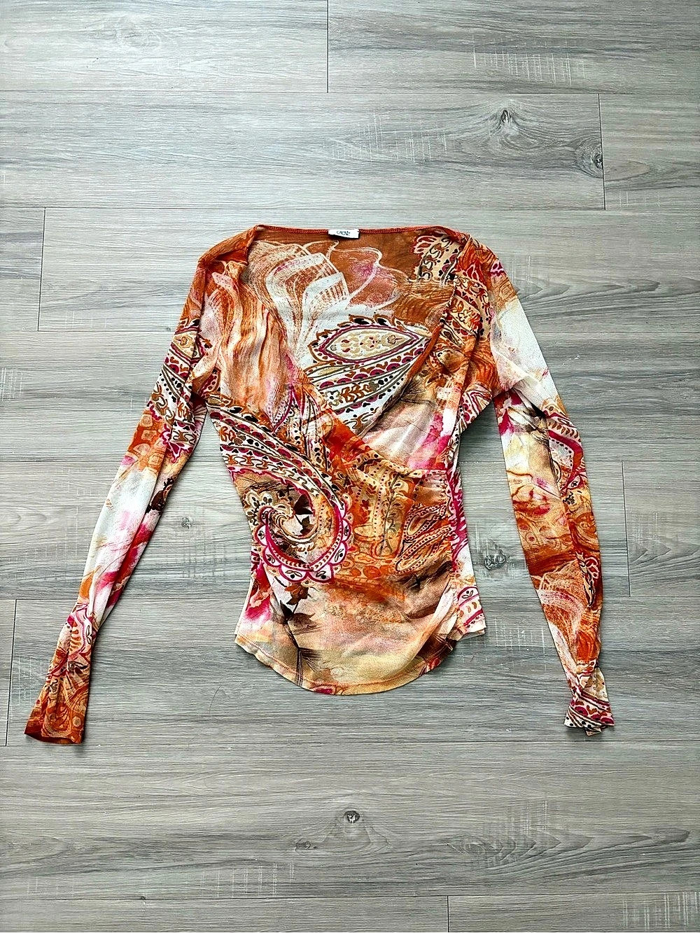Vintage Y2K cache orange paisley wrap long sleeve mesh fairy top